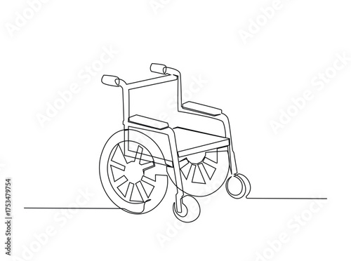 Wheelchair in single outline illustration. Continuous line art drawing of wheelchair - disability equipment. Editable stroke.