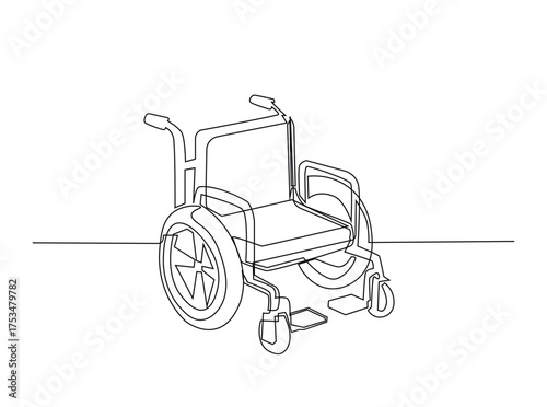 Wheelchair in single outline illustration. Continuous line art drawing of wheelchair - disability equipment. Editable stroke.