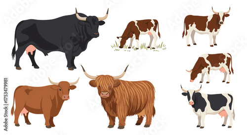 A collection of farm animals including bulls cows and cattle.