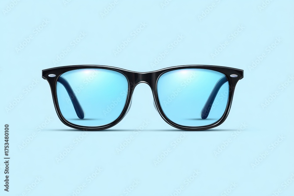 Fototapeta premium Black framed sunglasses with bright blue lenses on a soft blue background.