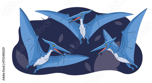 A group of blue pterodactyls flying in the sky against a dark background.
