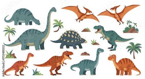 A vibrant collection of prehistoric dinosaurs and flying reptiles roaming ancient landscapes full of lush greenery and rocky outcrops.