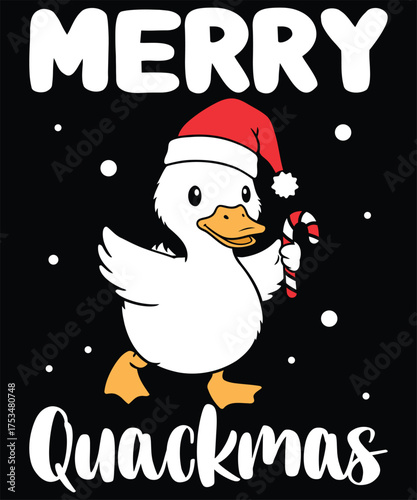 Cute Christmas Duck with Candy Cane – Merry Quackmas Vector Illustration.