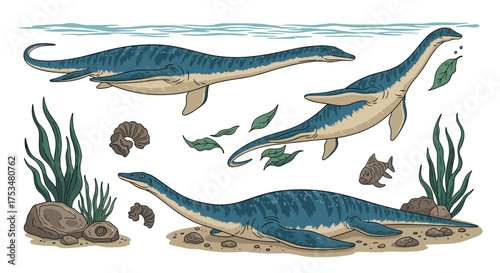 Majestic plesiosaurs swim through ancient aquatic environments filled with flora and fossils.