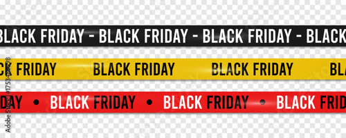 Black friday sale ribbons or tapes set. Realistic shopping ribbons in black, red and yellow colors with text - black friday. Discount stripes for online store decoration and sale web banner. Vector.