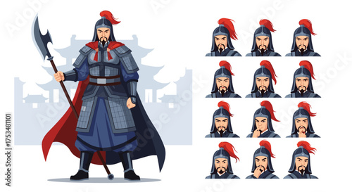 A detailed pixel art portrayal of a formidable ancient Chinese warrior with a varied set of expressive facial portraits.