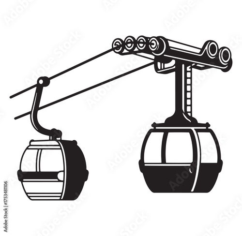 Black and white illustration of a gondola lift or cable car transportation system