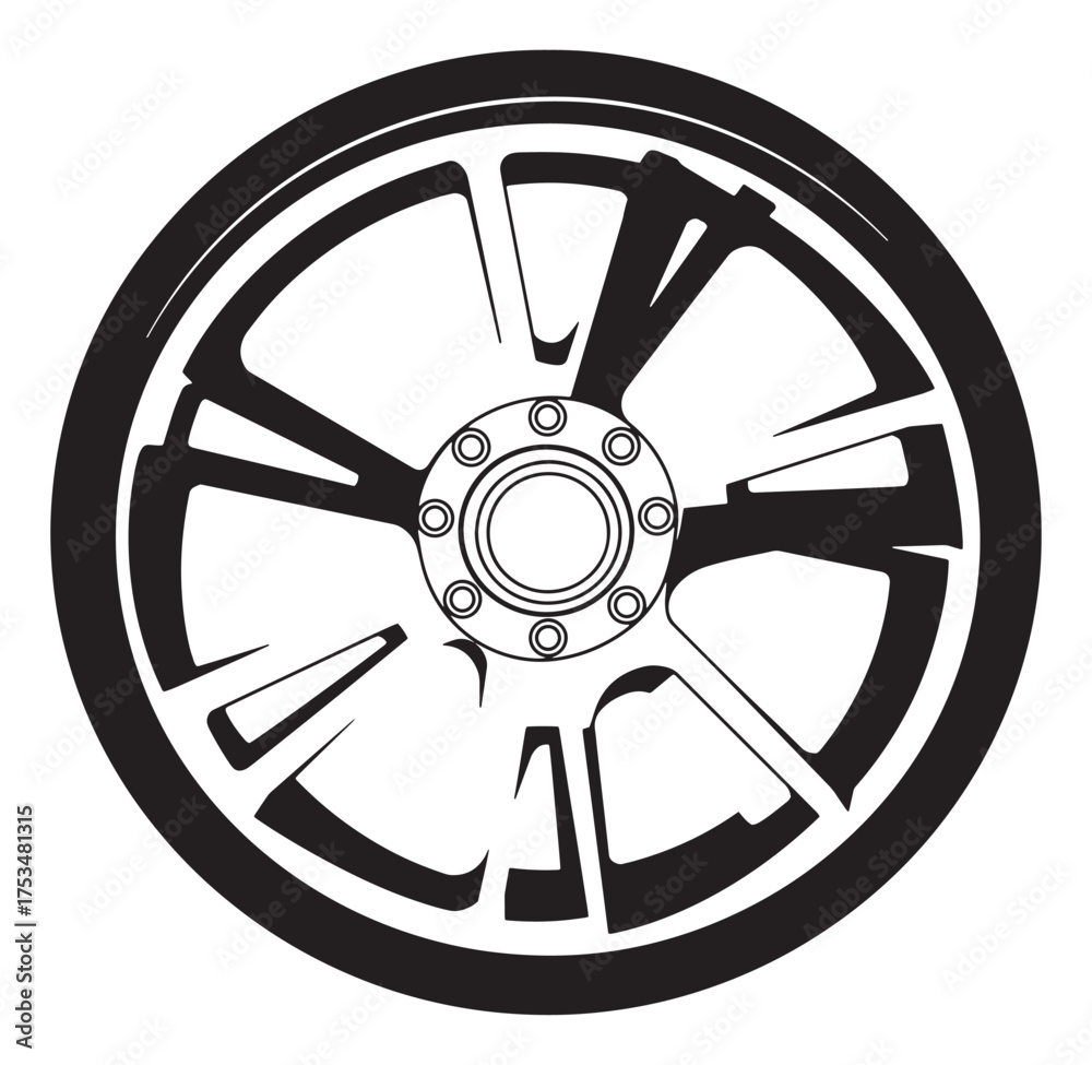 Obraz premium Black and white illustration of a modern car wheel on a plain white background