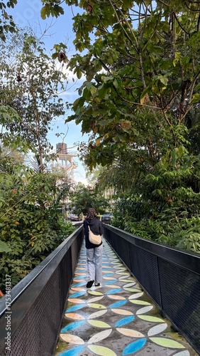 a walk in the forest. A lone figure walks along a vibrantly patterned pathway, surrounded by dense, green jungle foliage.