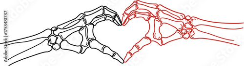 Black and red skeleton hands forming a heart shape love romance