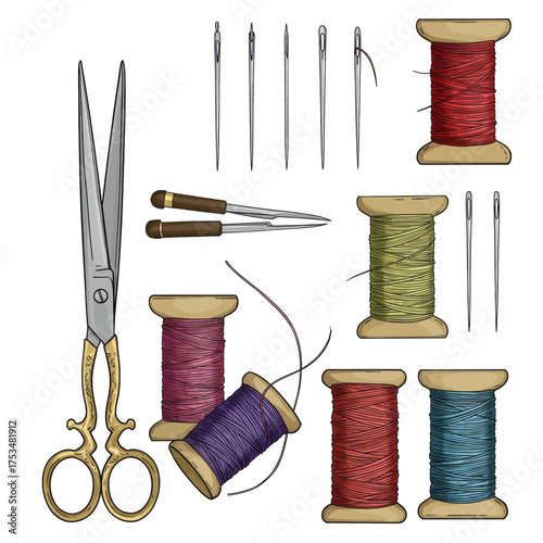 A collection of sewing and tailoring tools, including scissors, needles, and spools of thread