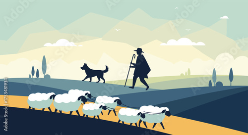A lone shepherd guides his flock of sheep with his loyal dog on a peaceful pastoral landscape.