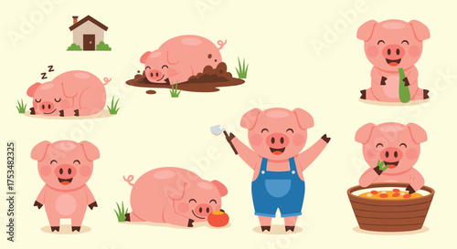 A collection of adorable pixel art pigs engaged in various farm activities.