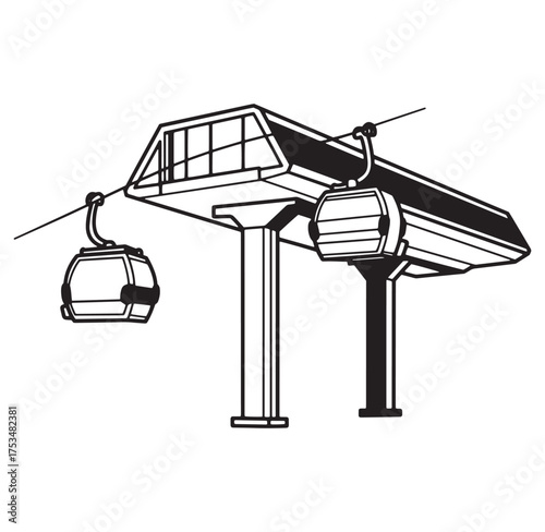 Black and white vector illustration of a modern ski lift station with gondola carriages