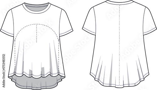 Blouse sketch, pleated hem, semi-circular seam, high-low silhouette, fashion flat, garment design, clothing template, apparel illustration, vector outline, flowy style