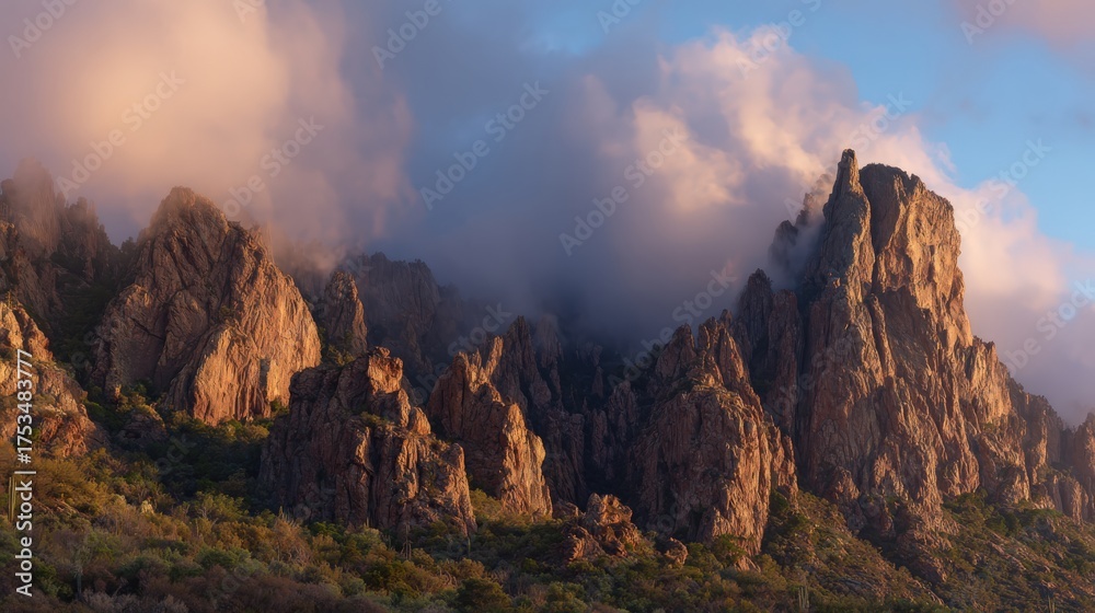 Naklejka premium Dramatic mountain landscape under soft cloudy sky at sunset