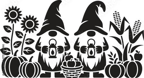 Two gnomes with lanterns surrounded by autumn harvest elements