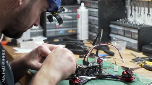 Close up of a technician assembling an FPV racing drone on a workbench A hobbyist carefully connects wires to the drones electronics demonstrating detailed buil