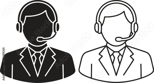 Customer service representative icons in silhouette and outline styles