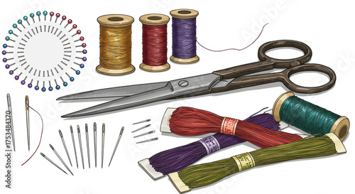 A collection of sewing supplies including spools of thread, needles, pins, and scissors