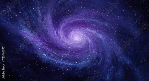 A swirling, celestial spiral galaxy, painted with shades of purple and blue, set against a starry backdrop