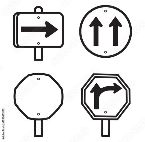 Set of illustrated black and white road signs indicating direction and information
