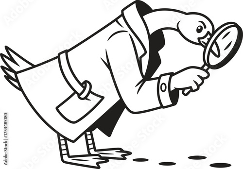Cartoon duck detective investigating footprints with magnifying glass
