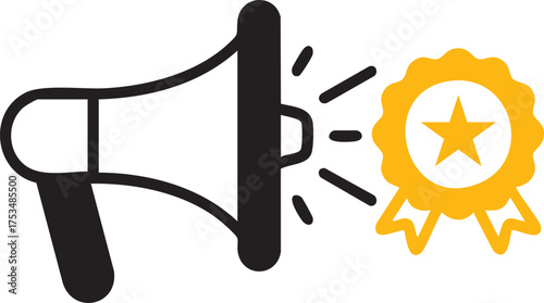An impactful megaphone alongside a gleaming gold star and ribbon. Capturing the essence of announcements and awards with this symbolic image.