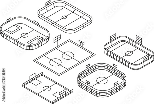 Collection of isometric line drawings of various sports fields and arenas