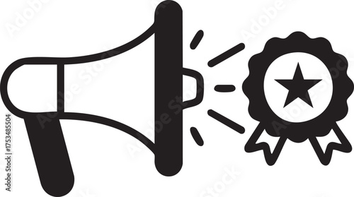A stylized vector illustration with a megaphone and a star badge, the image effectively communicates a message of recognition and promotion.