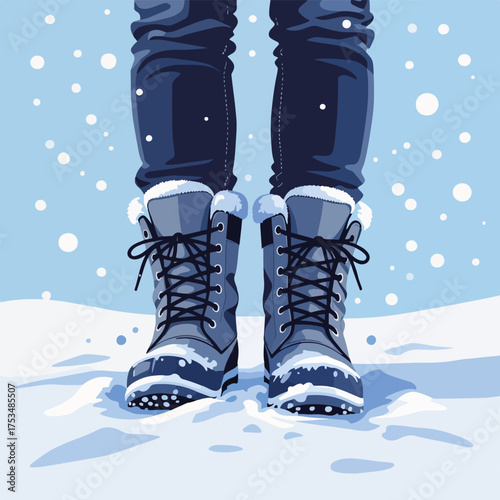 Boots stepping in slush, winter apparel and snow-covered ground create scene. Footwear and slush reveal cold winter season. Capture boots stepping in slush,