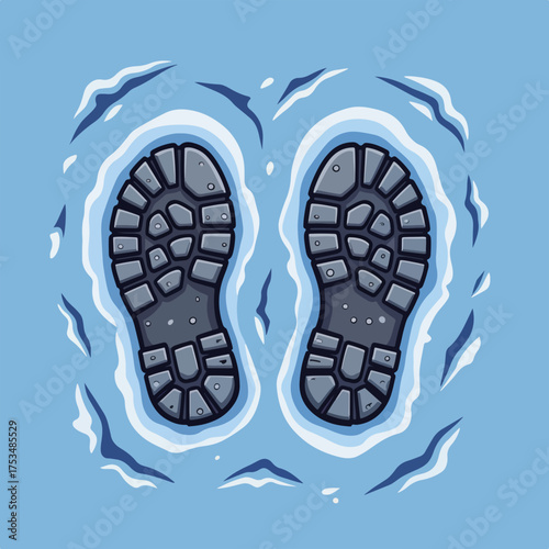 Boot prints in icy mud, fresh footprints in winter slush, and cold footprints reveal a journey. Boot prints on icy mud represent trekking through a wintery landscape.