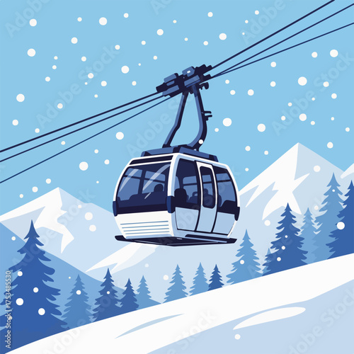 Cable car in snow, winter scenery with gondola during blizzard. Cable car, snowy mountains, and pine trees create winter scene. Perfect for winter holidays, blizzard theme and skiing adventures.
