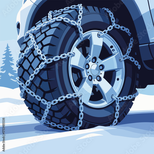 Car tire chains ensure safety on icy winter roads. Winter car tire chains provide essential traction in snowy conditions, illustrating preparedness for winter driving and challenging weather,