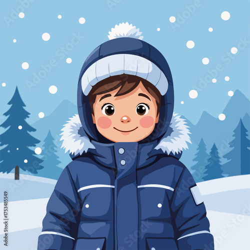 Child in snowsuit, smiling broadly amid wintry landscape with falling snow. Child in snowsuit is bundled up warmly and ready for outdoor fun.