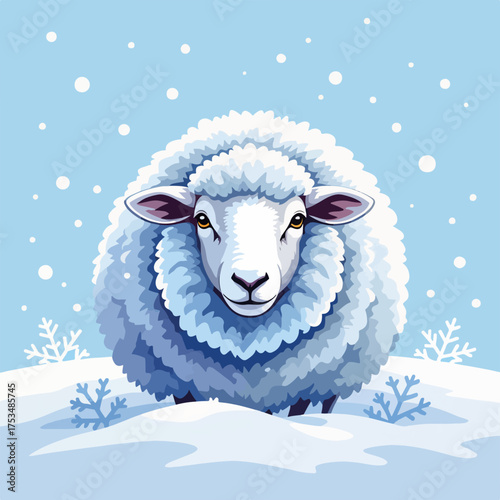 Snowy sheep in winter landscape with frosty wool and gentle gaze. Sheep features fluffy white fleece surrounded by snowflakes and winter scenery. Concept winter animals and holiday themes.