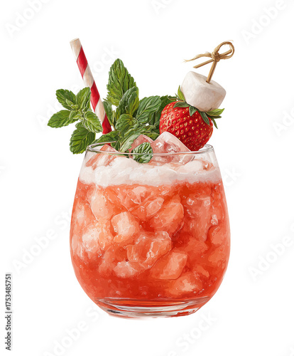 watercolor illustration of a festive pink Christmas cocktail in a rounded glass with ice, garnished with a strawberry skewered on a long toothpick topped with a small marshmallow