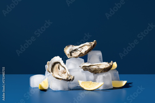 Fresh oysters on ice with lemon slices
