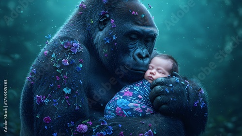 A gentle gorilla tenderly holding a sleeping human baby in a magical forest. Concept of love, protection, and wildlife conservation.
