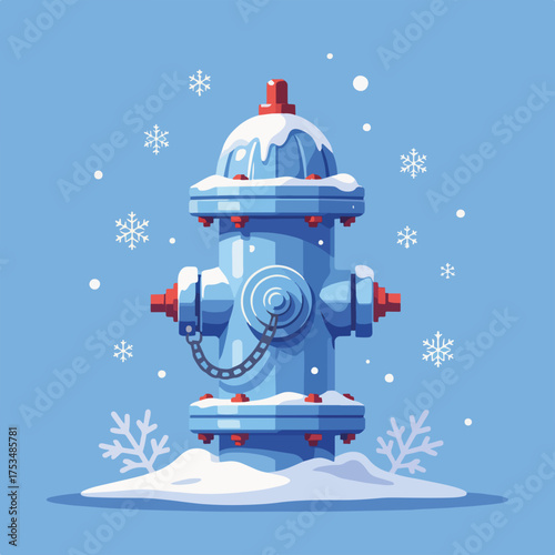 Frozen fire hydrant covered in snow with blue background and snowflakes falling around. Winter wonderland scene features a decorative fire hydrant surrounded by powdery snow and icy details.