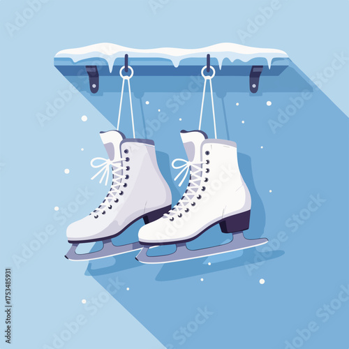 Ice skates hanging on snowy wall with blue backdrop, stylishly arranged with laces and blades visible, creating a winter sports atmosphere. Concept of ice skates for winter sports enthusiasts.