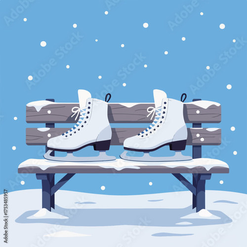 Ice skates on bench in snowy winter setting with white snowflakes gently falling. Ice skates resting on wooden bench showcases winter sports and leisure activities.