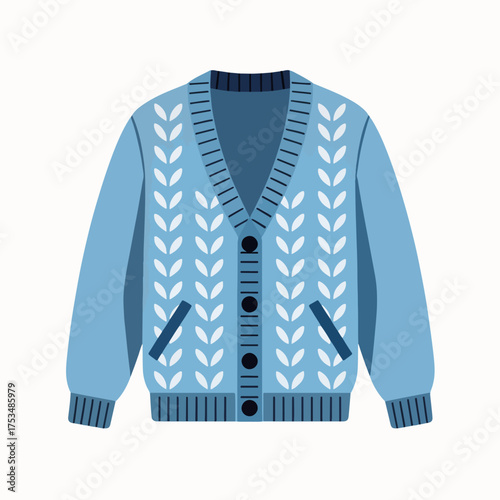 Cozy blue cardigan with leaf patterns and comfortable fit for chilly days. Stylish cardigan features button front and pockets, ideal for layering in cold weather.