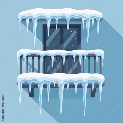 Icicles hanging from balcony with snow covering flat roof and frozen decor. Winter scene includes shimmering icicles on balcony, creating a chilly atmosphere outside the window.