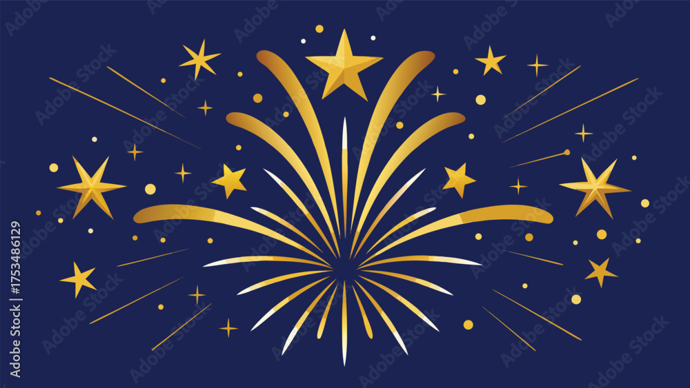 Fototapeta premium Golden fireworks and stars on a dark blue background. New Year, festival, holidays concept. Vector illustration.