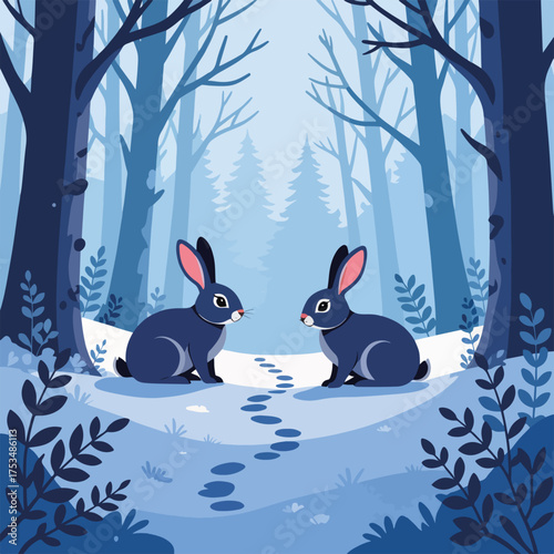 Captivating rabbit tracks in forest scene depicted in flat illustration style with wintery snow, plants, and trees.