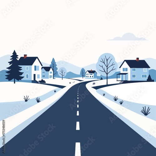 Plowing through winter scene on suburban road with houses and trees creates a peaceful vista. Suburban road with fresh snow passes between homes and mountain landscape,