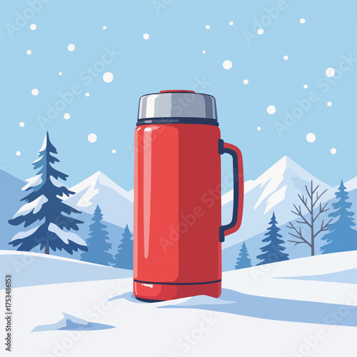 Red thermos on snow shows warm drink for outdoor activities, mountains landscape in background. Red thermos on snow, beverage container is ideal in winter holidays,