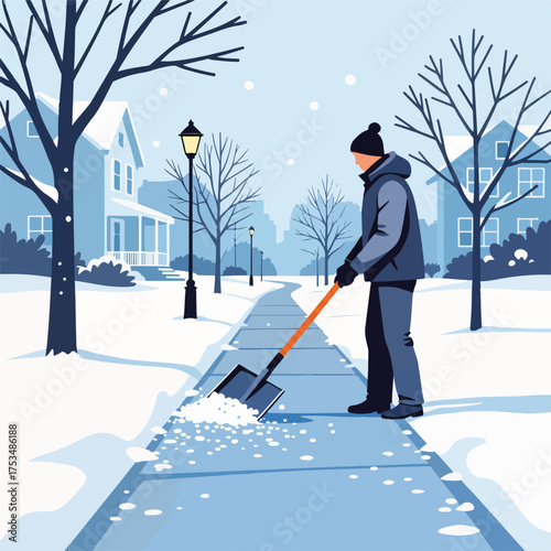 Man shovel clearing sidewalk after snowfall in winter, man shovel clearing sidewalk on path covered with snow, removing ice.