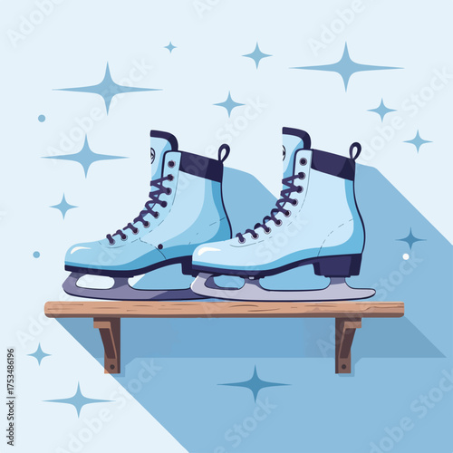 Skates on rustic wall offer vintage charm, displayed as flat illustration of winter sports equipment on shelf. Ice skates on rustic wall is a fun decor element,